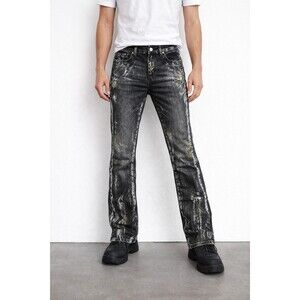 Mnml Edgy Chrome Splatter Black Skinny Jeans Zip Ankle Men Size 32